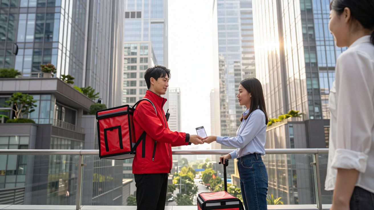 Osoba dostarczająca przesyłkę w czerwonej kurtce przekazuje pakiet kobiecie na tle miejskiego wieżowca.