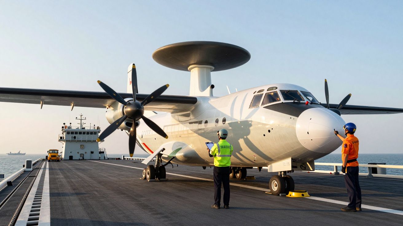 Samolot z radarową kopułą na pokładzie lotniskowca na morzu, obok stoją dwaj pracownicy w odblaskowych kamizelkach.