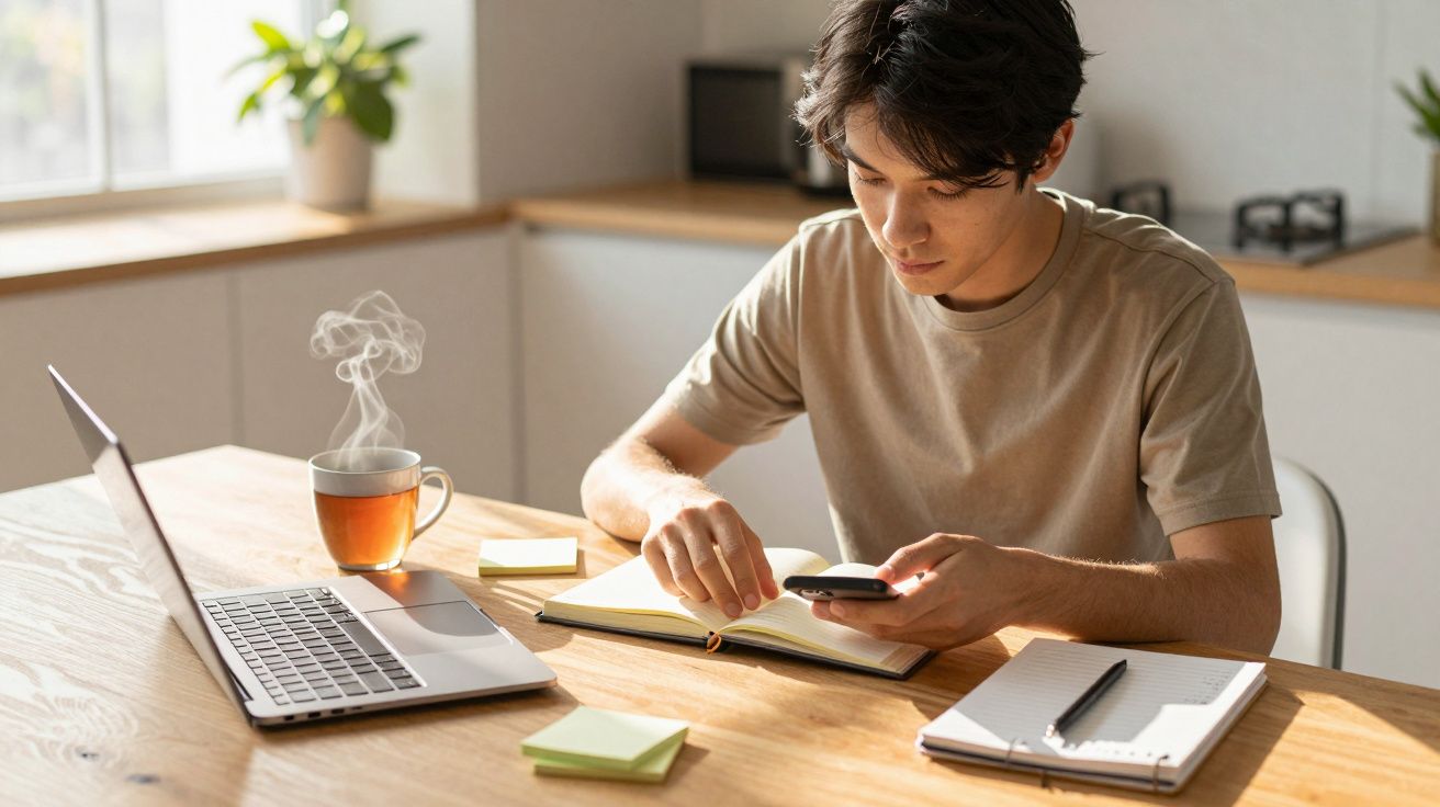 Młody mężczyzna przy stole z laptopem i notatnikiem, trzyma telefon, obok kubek z herbatą i karteczki samoprzylepne.
