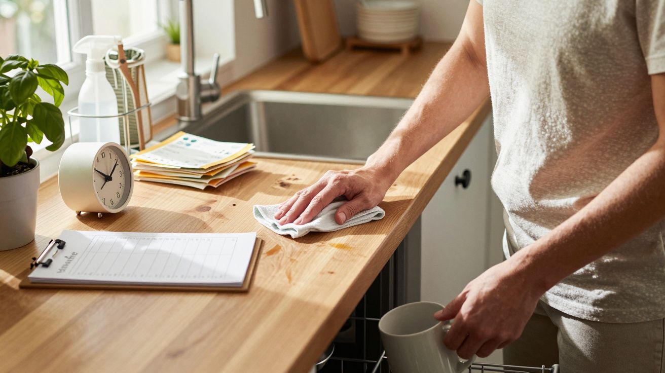 Mężczyzna wyciera drewniany blat kuchenny szmatką, obok znajduje się zegar, roślina i notes.