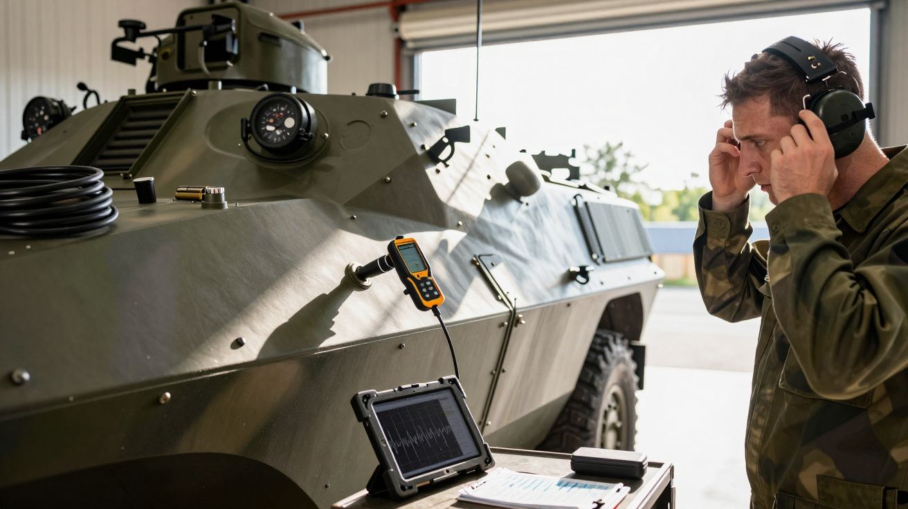 Mężczyzna w stroju wojskowym zakłada słuchawki obok pojazdu opancerzonego z laptopem i urządzeniami pomiarowymi.