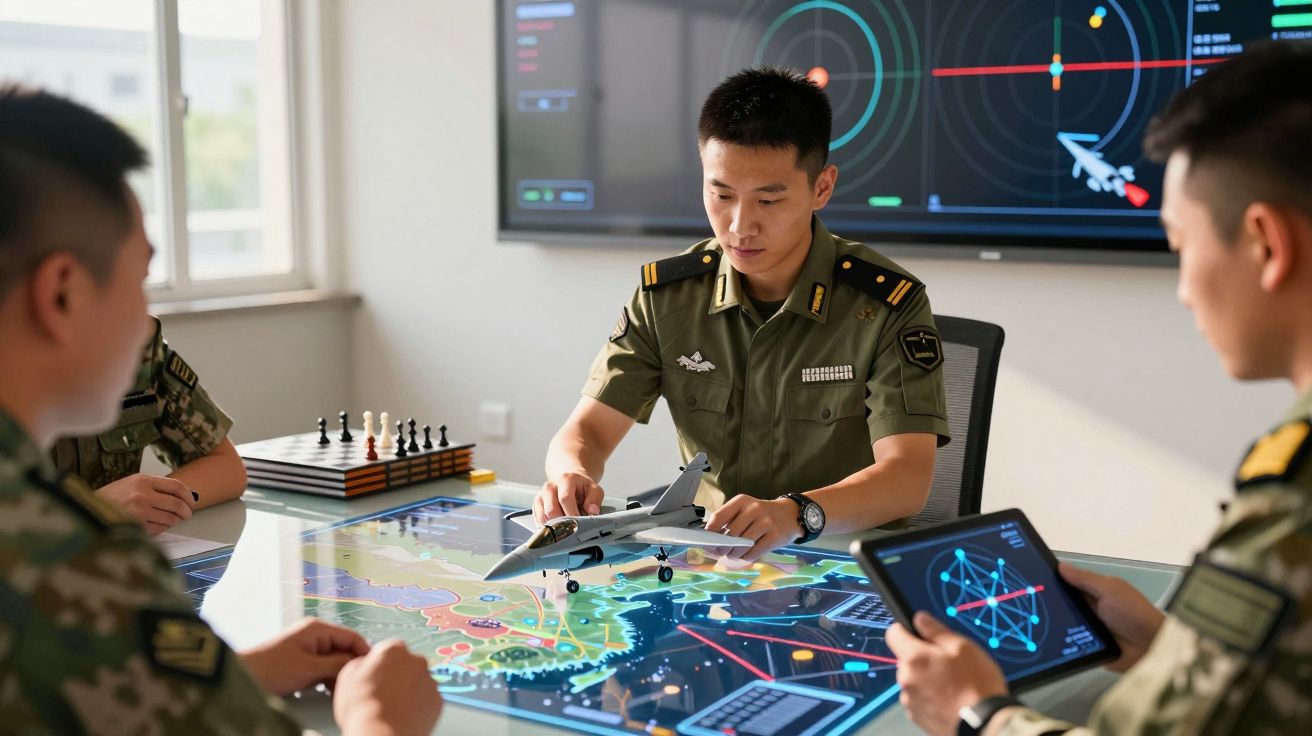 Żołnierze przy stole dotykowym planują misję, analizując mapy i modele, w sali z ekranami.