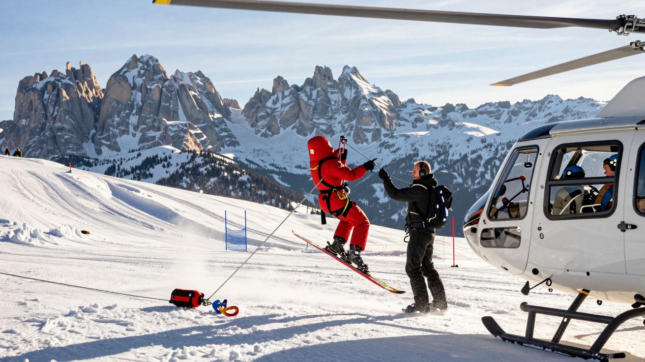 Ratownik narciarski wyskakuje z helikoptera na ośnieżonym stoku górskim, w tle skaliste szczyty.