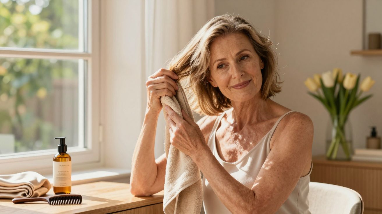 Uśmiechnięta kobieta osusza włosy ręcznikiem przy oknie, obok flakonik i grzebień na stole.