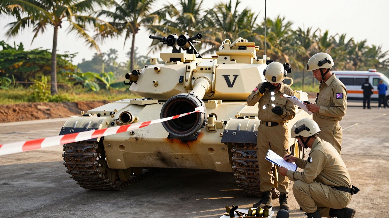 Czołg na drodze otoczony przez żołnierzy w hełmach, którzy coś notują; w tle drzewa palmowe.