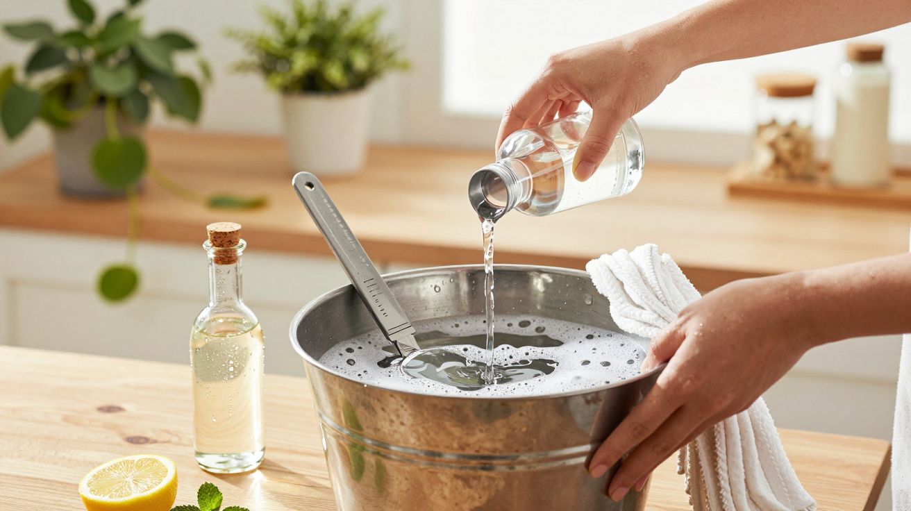 Osoba nalewa płyn do metalowego wiadra z wodą i pianą, obok leży ściereczka.