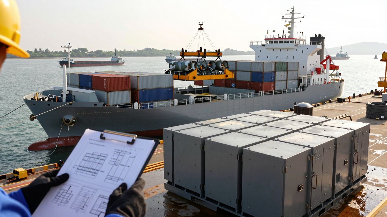 Statek towarowy w porcie, z kontenerami na pokładzie, dźwig przenosi ładunek; osoba na pierwszym planie trzyma plan.