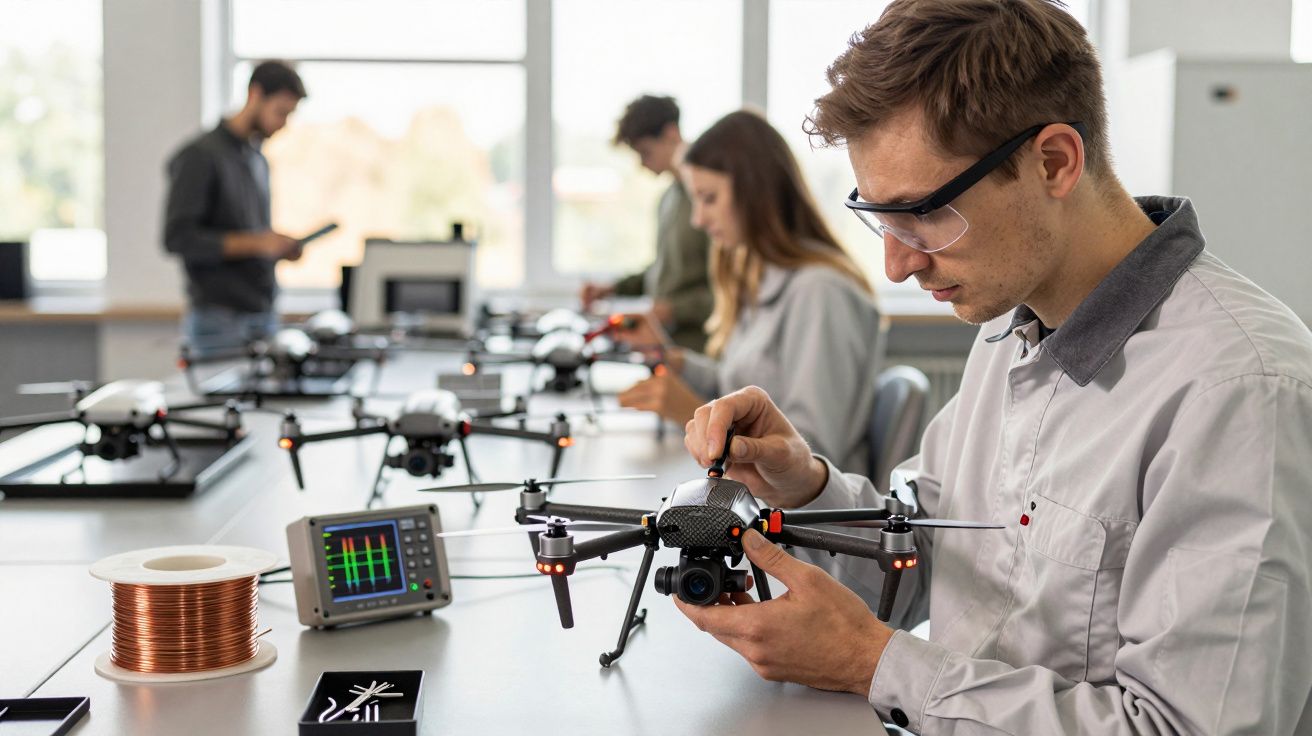Mężczyzna w laboratorium naprawia drona, w tle pracują inni ludzie z dronami.