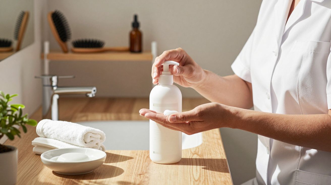 Osoba w białym stroju używa dozownika do mydła w łazience z ręcznikiem i rośliną.