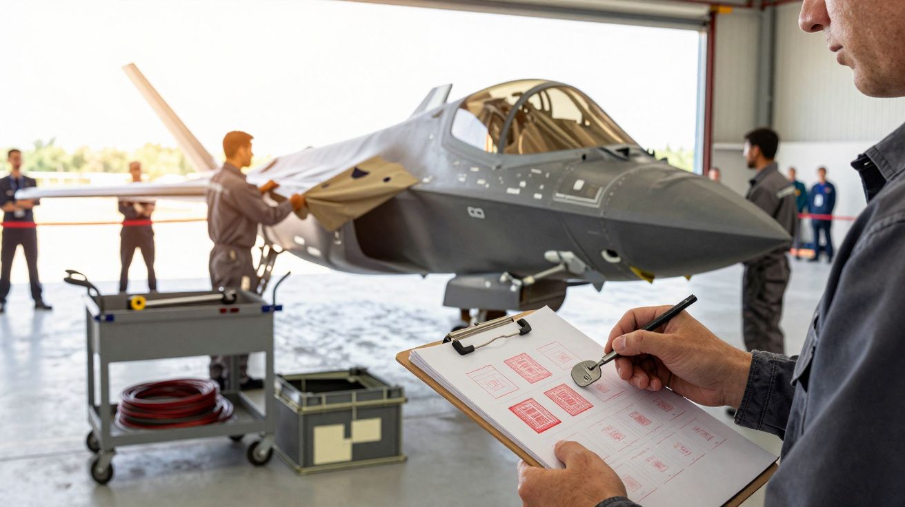 Osoby pracują nad myśliwcem w hangarze, jedna z nich trzyma clipboard z checklistą.