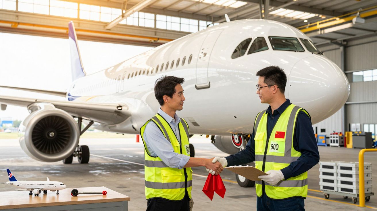Dwóch pracowników w kamizelkach odblaskowych podaje sobie ręce przed samolotem w hangarze.