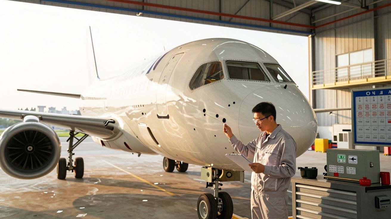 Mężczyzna w kombinezonie inspekcjonuje samolot w hangarze, trzymając notatnik.