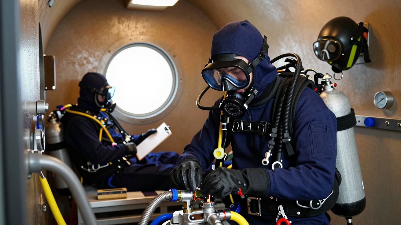 Dwóch nurków w specjalnych kombinezonach w komorze ciśnieniowej, jeden obsługuje zawory, drugi trzyma notatnik.