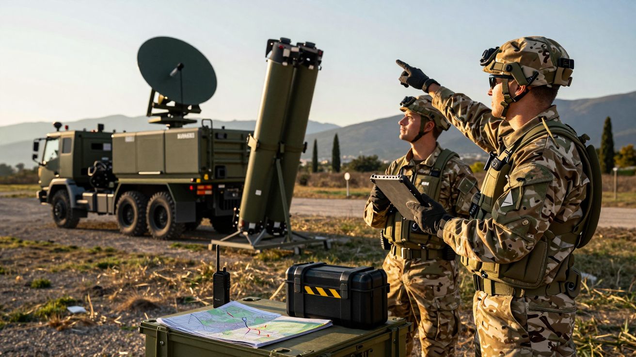 Żołnierze w mundurach kamuflażowych koordynują operację z użyciem sprzętu wojskowego na polu, przy mapie i ciężarówce.