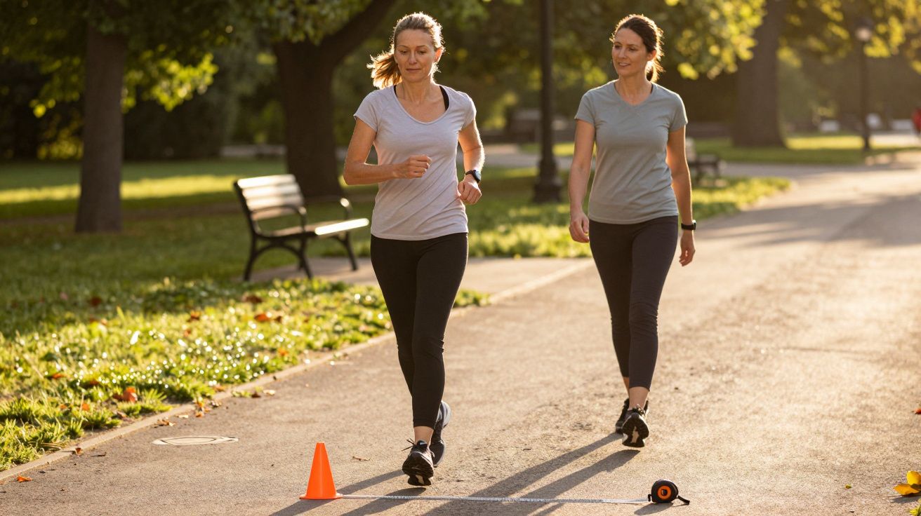 Dwie kobiety spacerujące po parku w słoneczny dzień, ubrane w sportowe stroje, z pomarańczowym stożkiem na drodze.