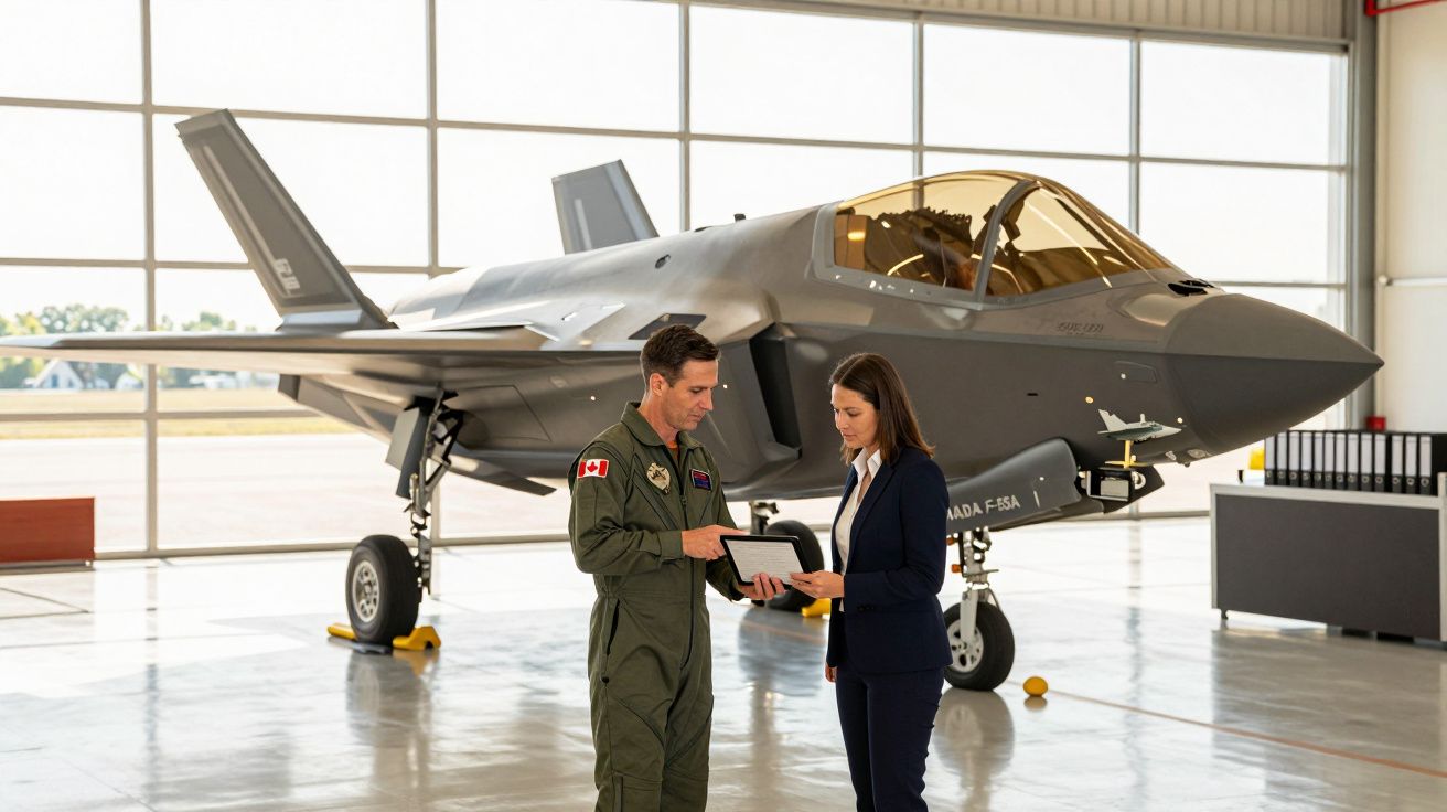 Pilot i kobieta w hangarze, obok myśliwca odrzutowego. Pilot wskazuje coś na tablecie.