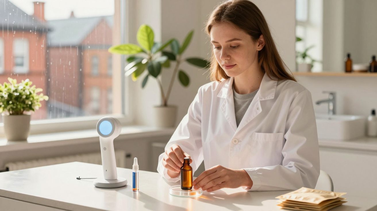 Kobieta w białym fartuchu laboratoryjnym przygotowuje roztwór chemiczny przy stole w jasnym pomieszczeniu.