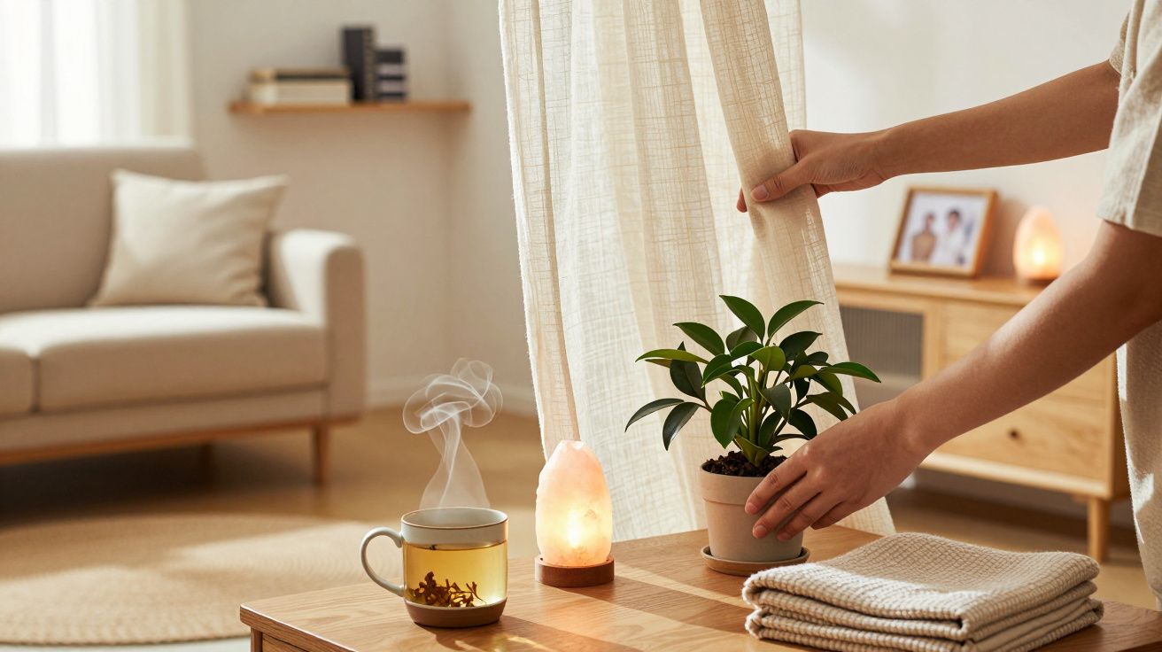 Ręka odsłania zasłonę w przytulnym salonie z rośliną, filiżanką herbaty i świecą solną na drewnianym stoliku.