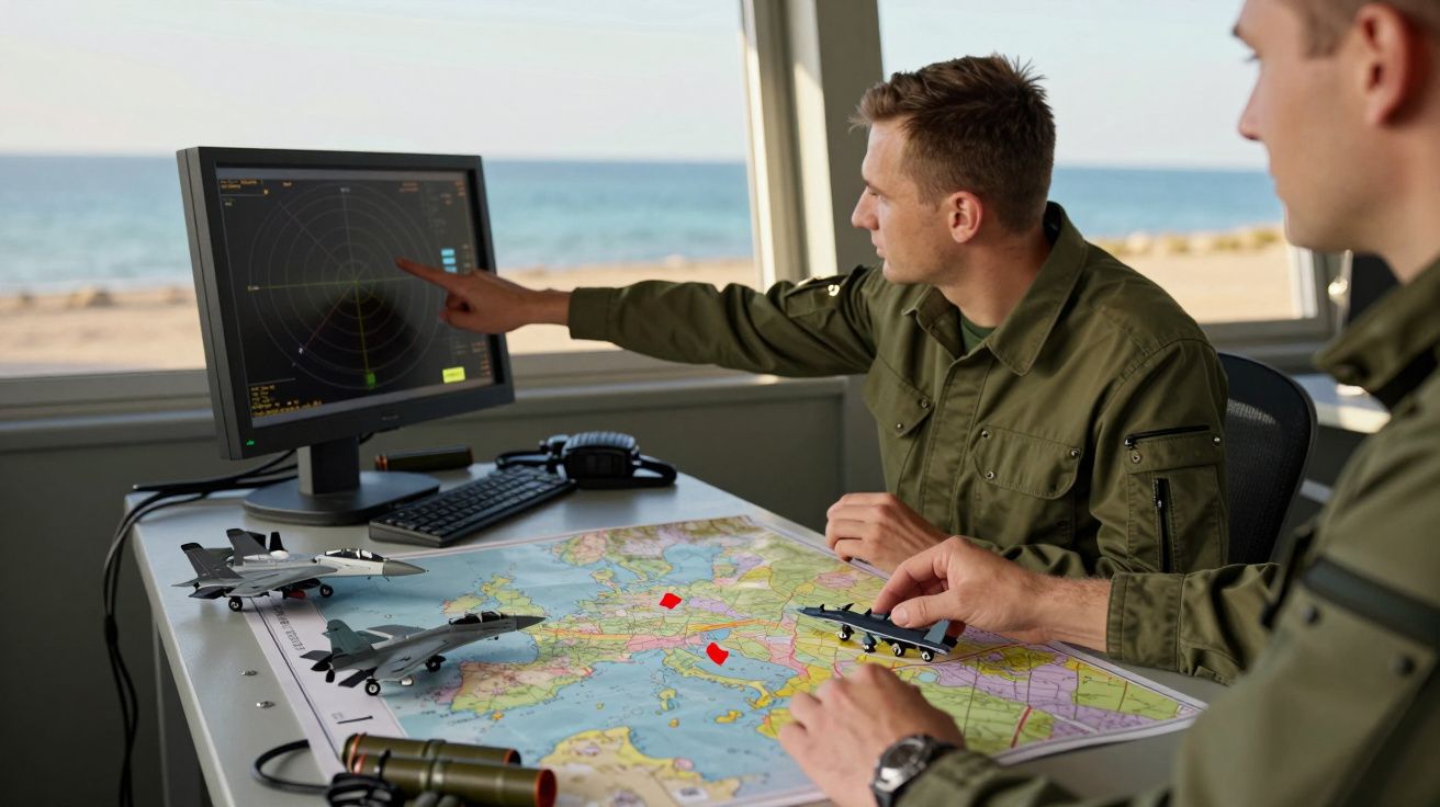 Dwóch mężczyzn w mundurach przy biurku, jeden wskazuje na mapę, drugi na monitorze z danymi radarowymi w tle morze.