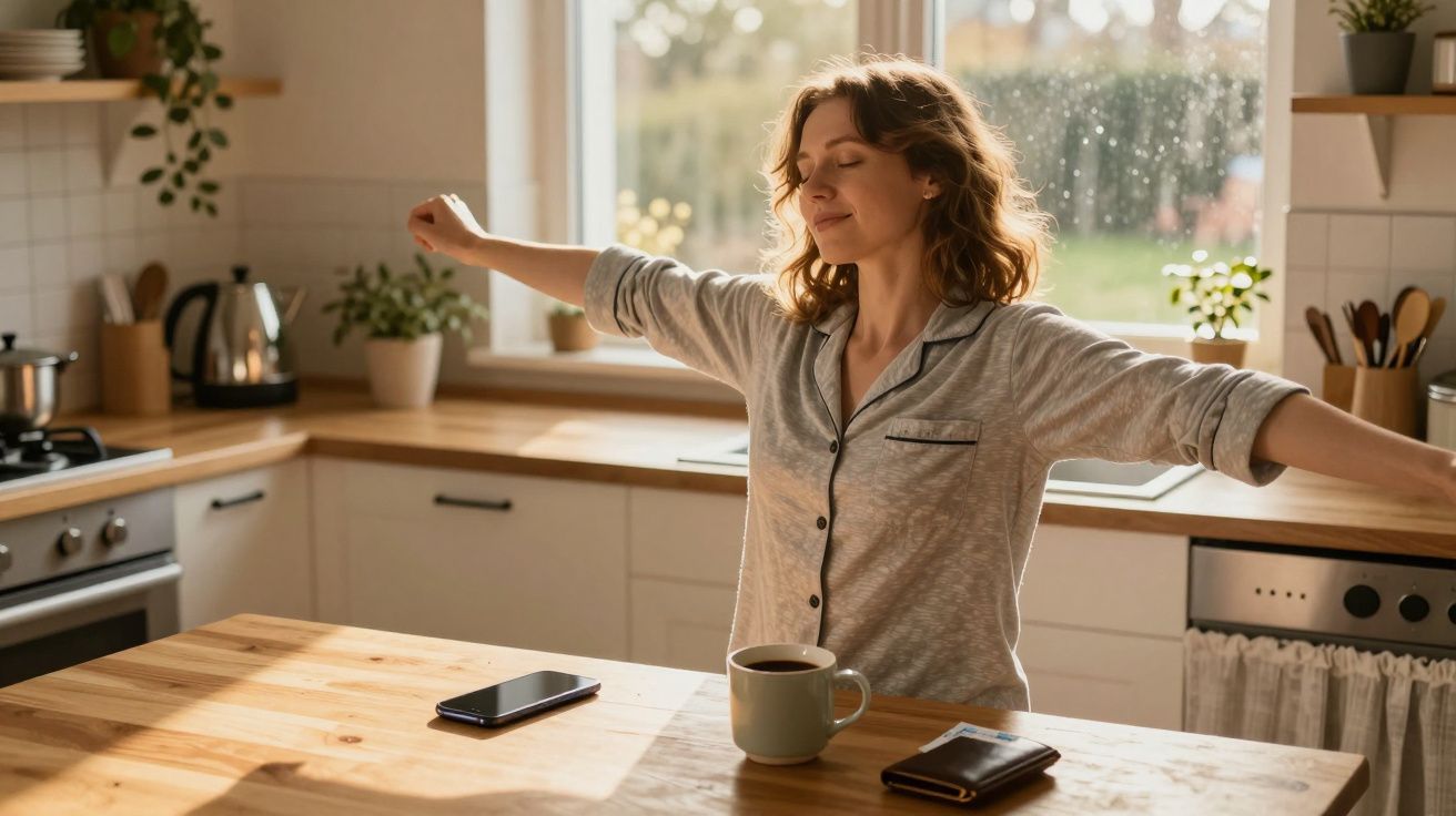 Kobieta w piżamie przeciąga się w kuchni, siedząc przy stole z filiżanką kawy.