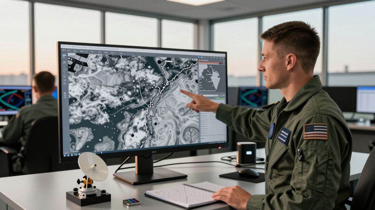 Mężczyzna w mundurze wskazuje na mapę na ekranie komputera w nowoczesnym biurze z dużymi oknami.