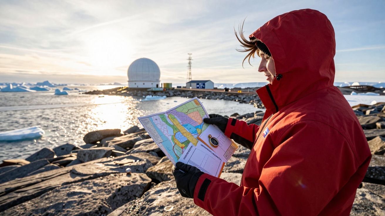 Osoba w czerwonej kurtce trzyma mapę na tle lodowców i budynku za kołem podbiegunowym podczas zachodu słońca.