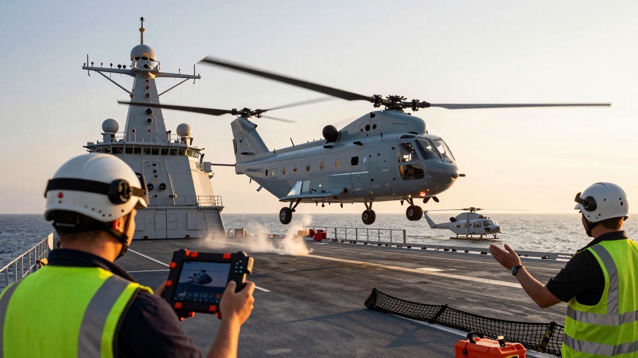 Helikopter ląduje na pokładzie statku wojskowego, dwóch ludzi w kaskach obserwuje.