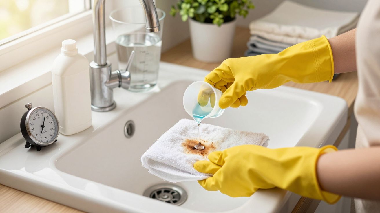 Osoba w żółtych rękawicach czyści ręcznik nad zlewem, nalewając płyn do prania na plamę.