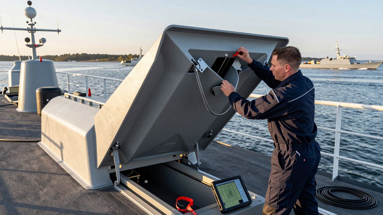 Marynarz otwiera właz na pokładzie statku wojskowego, morze i okręt wojenny w tle.