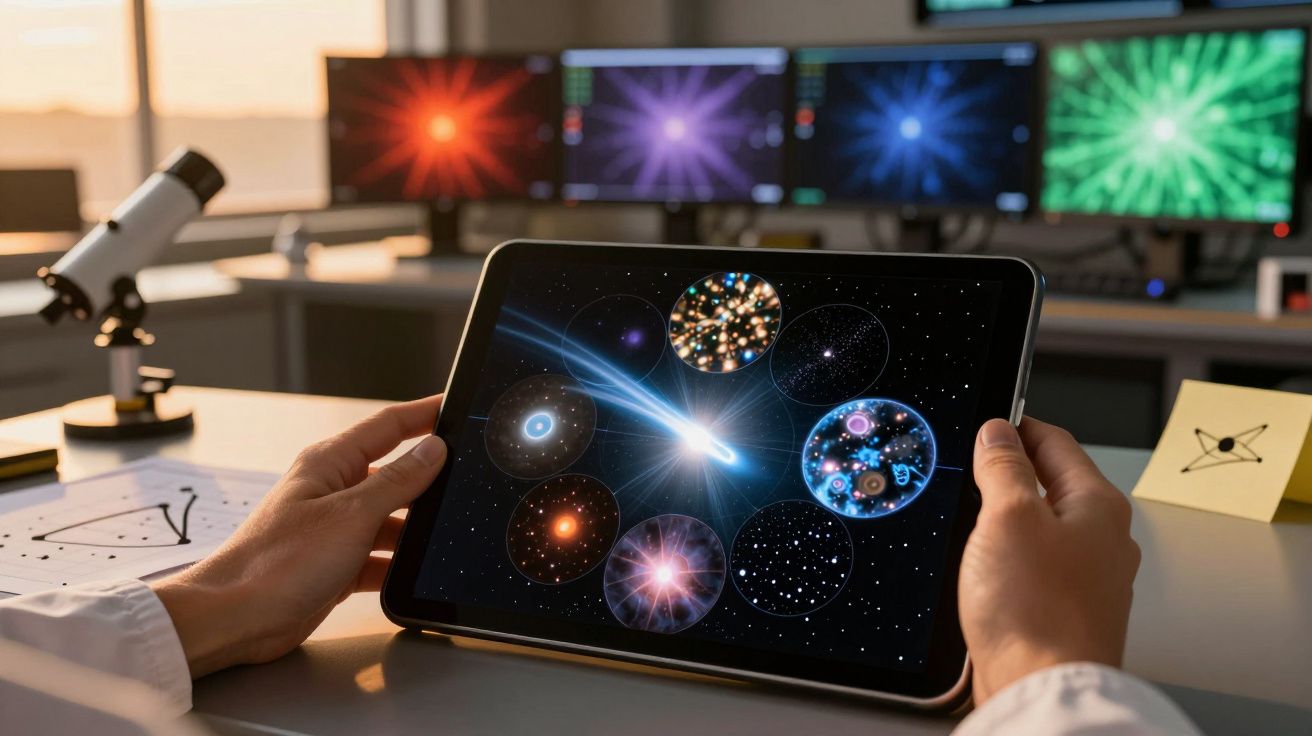 Osoba trzyma tablet pokazujący symulację astronomiczną, w tle kilka monitorów z wykresami i teleskop.