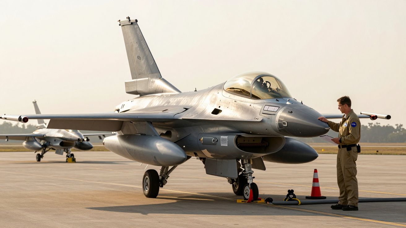 Mężczyzna w mundurze sprawdza myśliwiec F-16 na pasie startowym, w tle drugi samolot.