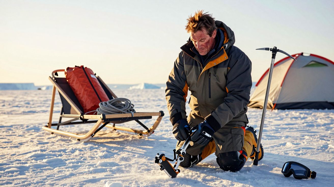 Mężczyzna w zimowym ubraniu klęczy na śniegu obok sanek i namiotu, przygotowując sprzęt do wędrówki polarniczej.