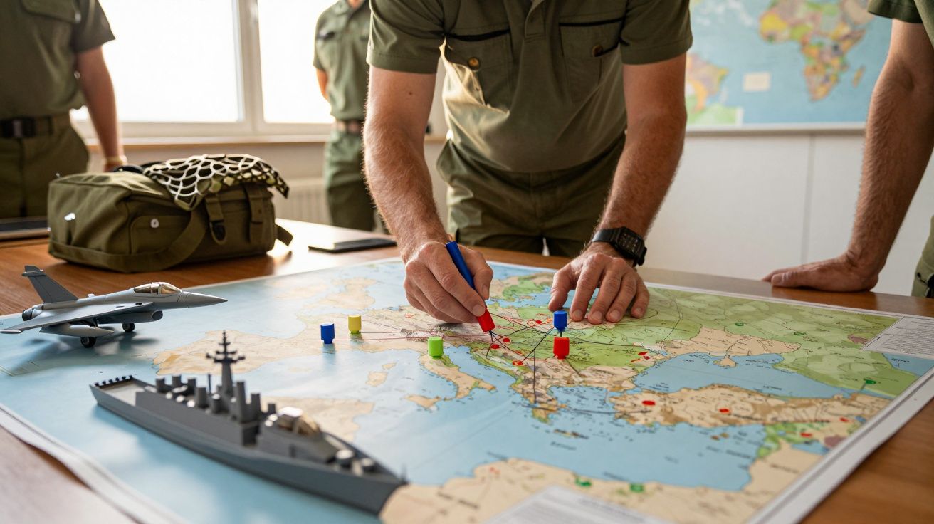 Żołnierze przy stole z mapą, modele samolotu i statku, jedna osoba wskazuje miejsce długopisem.