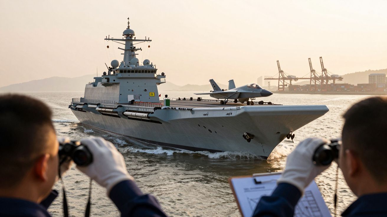 Dwóch ludzi obserwuje przez lornetki start myśliwca z lotniskowca na morzu, w tle port i dźwigi.