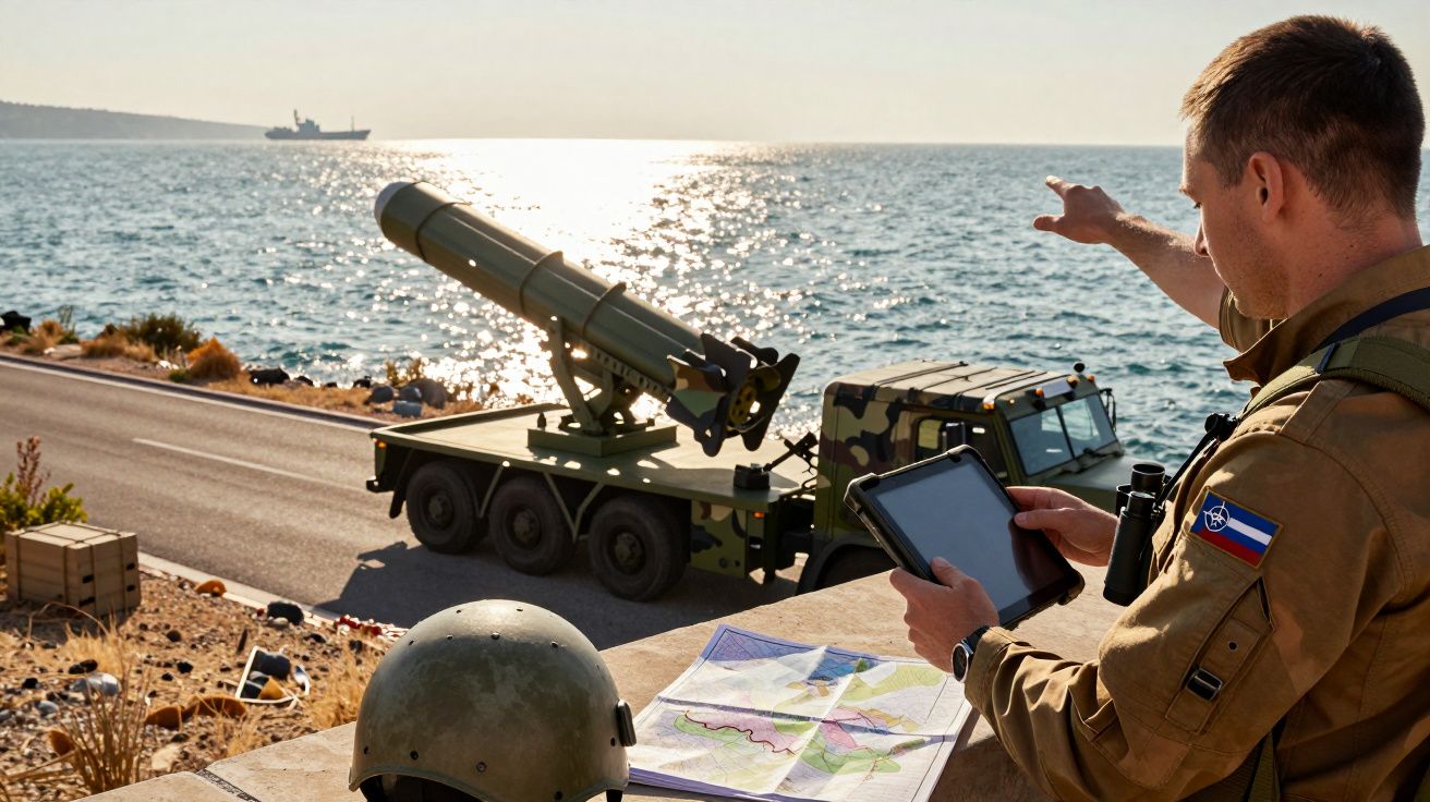Żołnierz analizuje mapę na tablecie, obok pojazd wojskowy z wyrzutnią nad brzegiem morza.