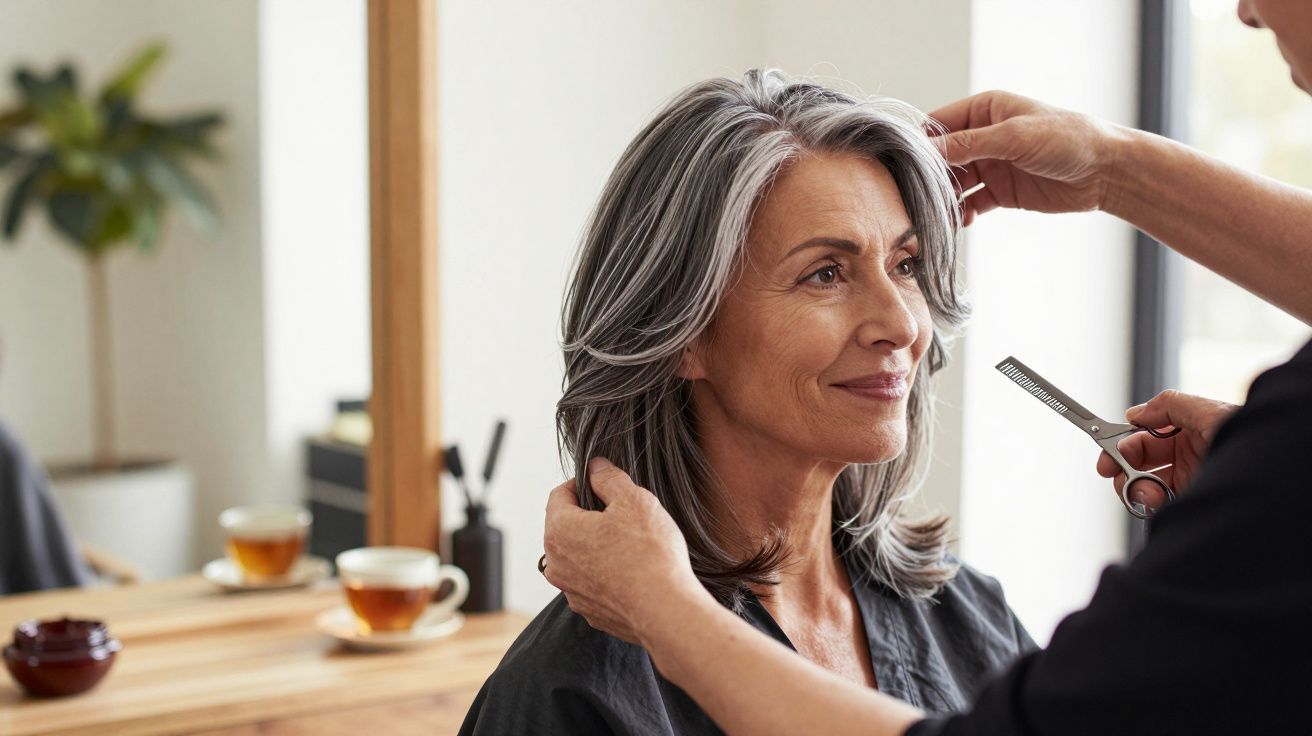 Starsza kobieta w salonie fryzjerskim, stylista układa jej siwe włosy.