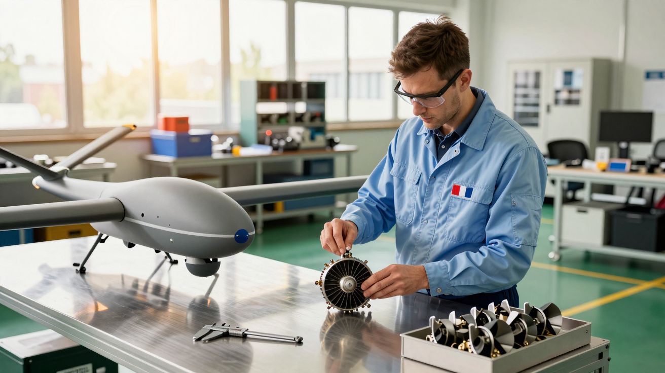 Mężczyzna w laboratorium montuje części silnika drona na stole roboczym, ubrany w niebieski kombinezon ochronny.