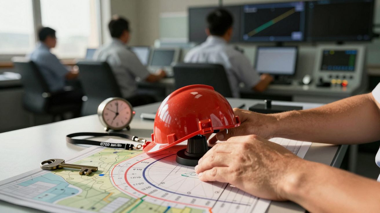 Na biurku leży czerwony kask, mapy i zegar, w tle trzy osoby przy komputerach.