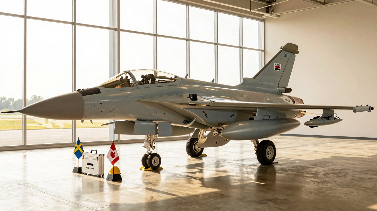Myśliwiec w hangarze, otoczony małymi flagami Szwecji i Kanady, oświetlony światłem dziennym wpadającym przez duże okna.