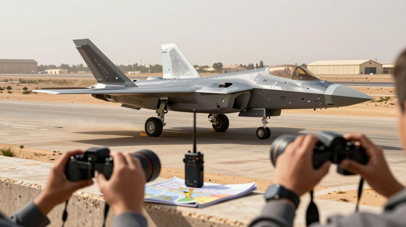 Myśliwiec na pasie startowym, dwie osoby obserwują go przez lornetki, na pierwszym planie mapa i radio.