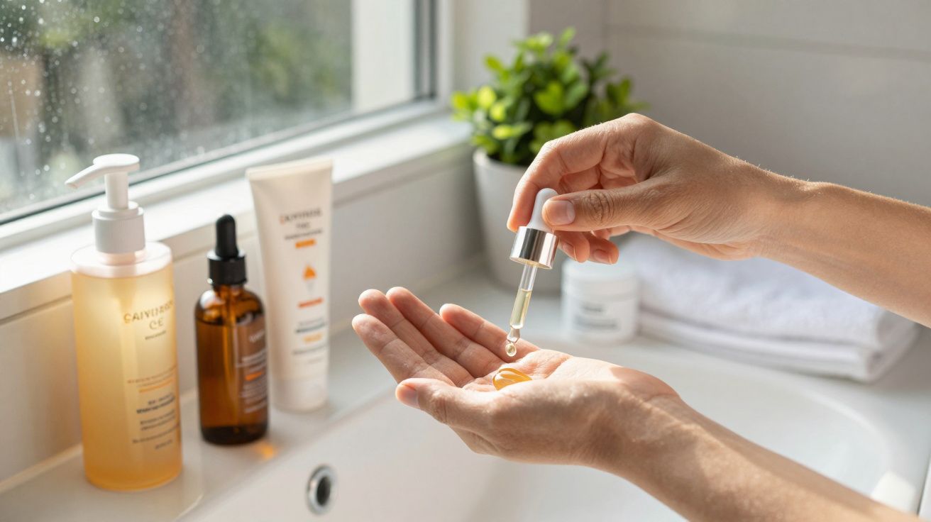 Osoba nakłada serum z pipety na dłoń, w tle kosmetyki na umywalce i roślina na parapecie.