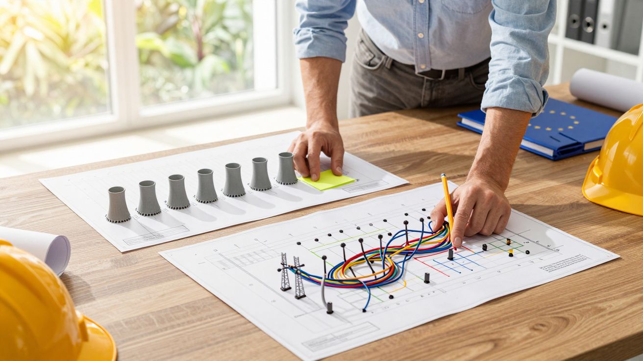 Osoba pracująca nad planem architektonicznym z kablami i modelami wież, w biurze z hełmami ochronnymi na stole.
