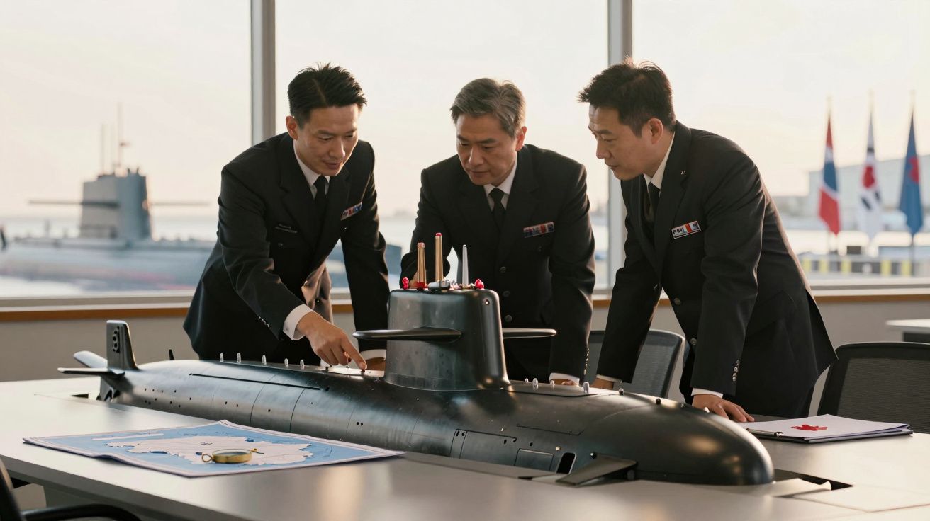 Trzech mężczyzn w mundurach omawia model okrętu podwodnego w biurze z widokiem na morze.