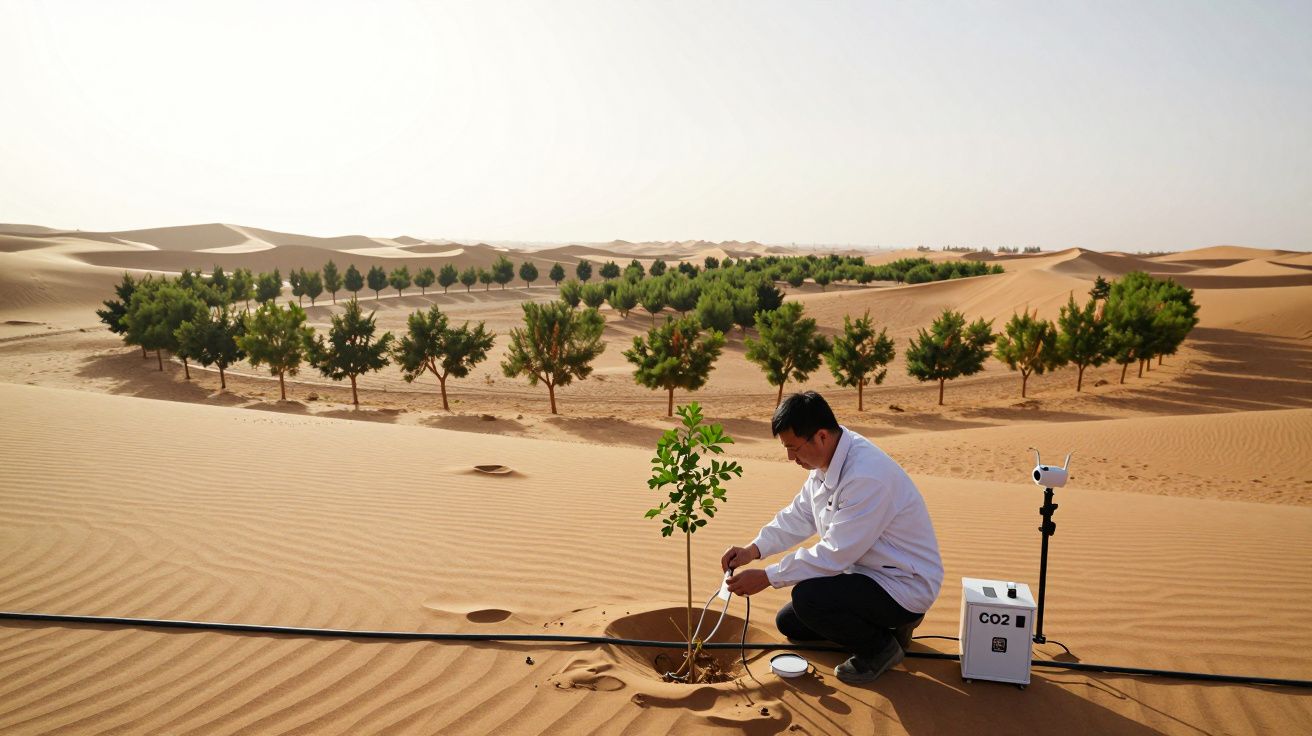 Mężczyzna sadzi drzewo na pustyni, wokół sprzęt pomiarowy. W tle rząd drzew rosnących na piasku.