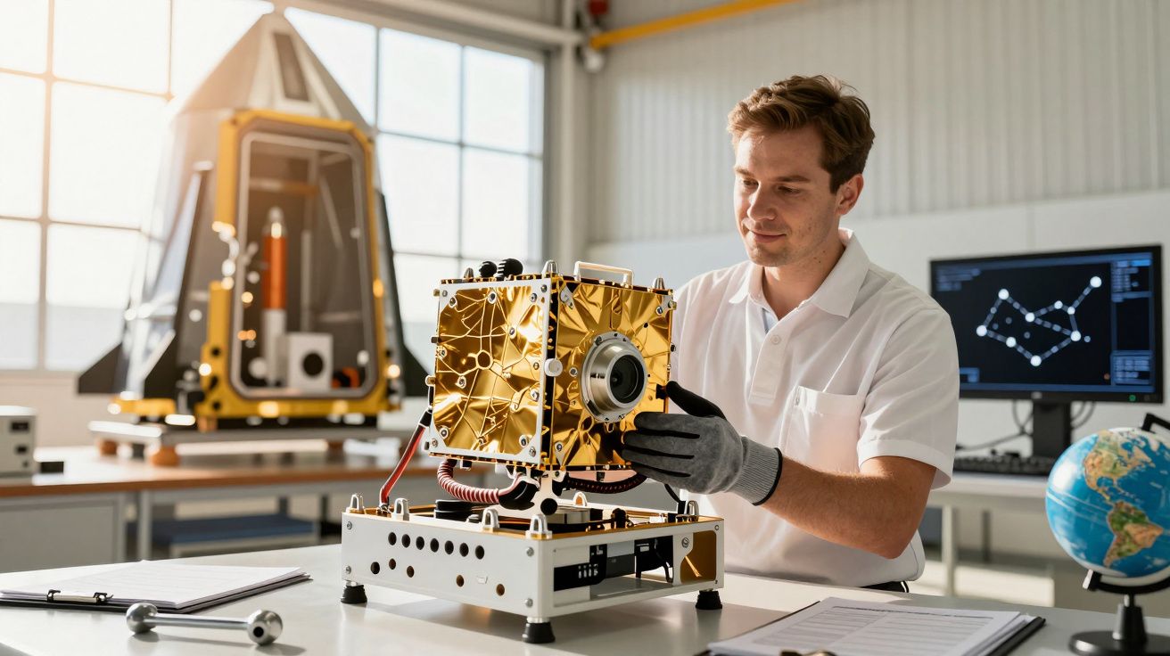 Mężczyzna w białej koszuli pracuje nad satelitą w laboratorium z komputerem i globusem w tle.