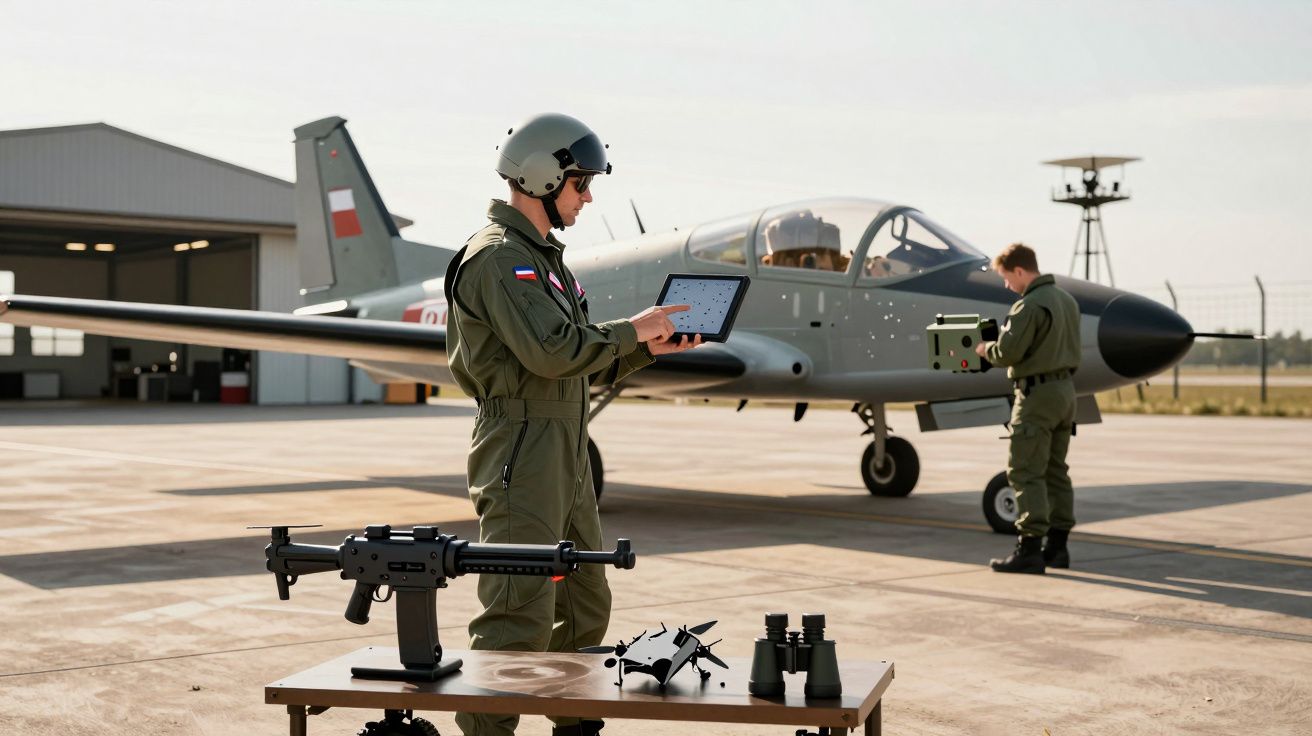 Dwóch pilotów w kombinezonach lotniczych stojących przy samolocie na płycie lotniska z narzędziami na stole.