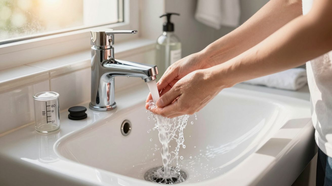 Osoba myjąca ręce pod bieżącą wodą w białej umywalce z baterią łazienkową.