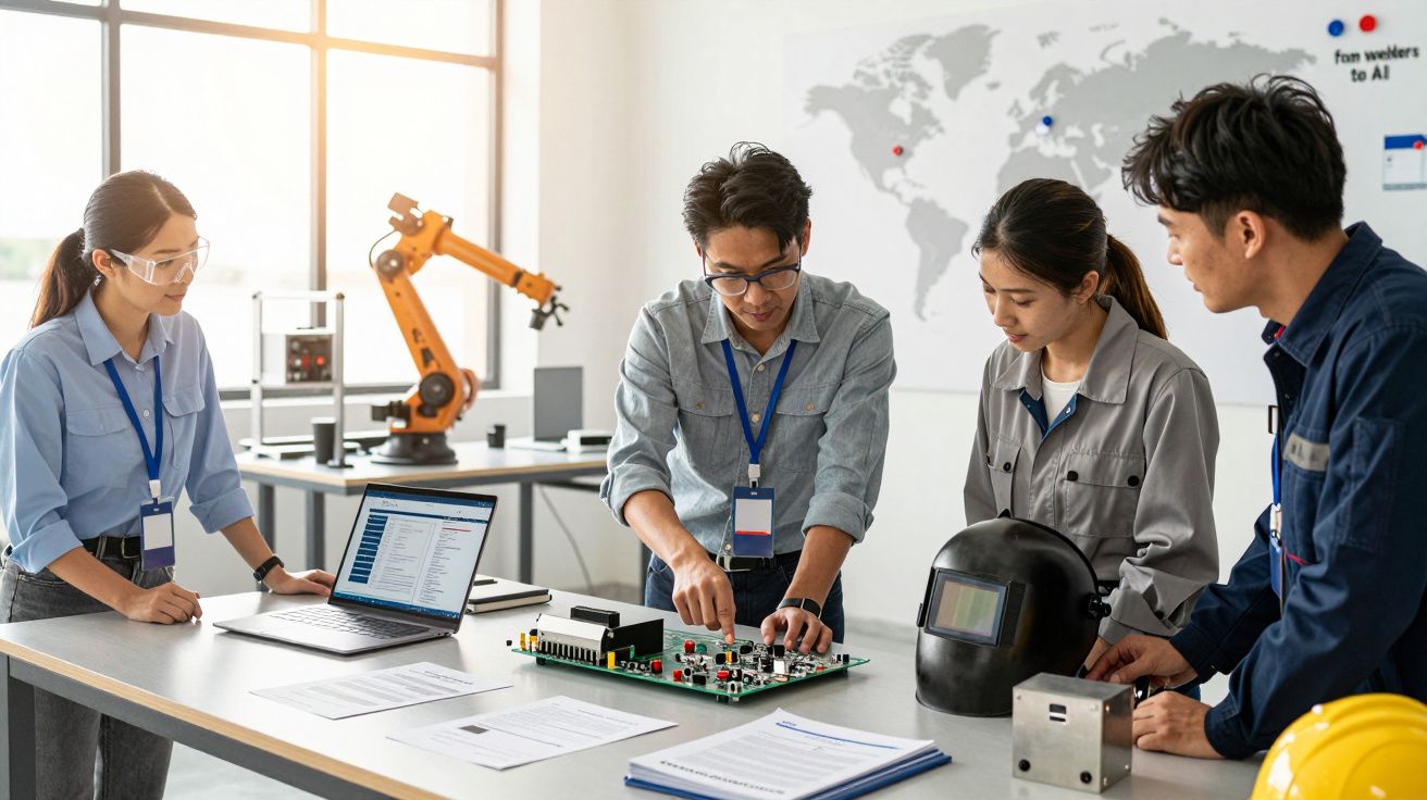 Grupa inżynierów pracująca nad płytą obwodową w laboratorium, z robotem przemysłowym w tle.