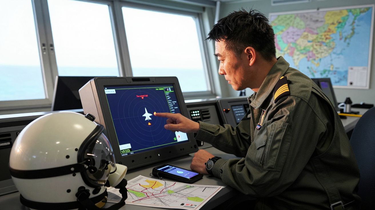Mężczyzna w mundurze wojskowym obsługuje ekran dotykowy nawigacji na statku, obok hełm i mapy.