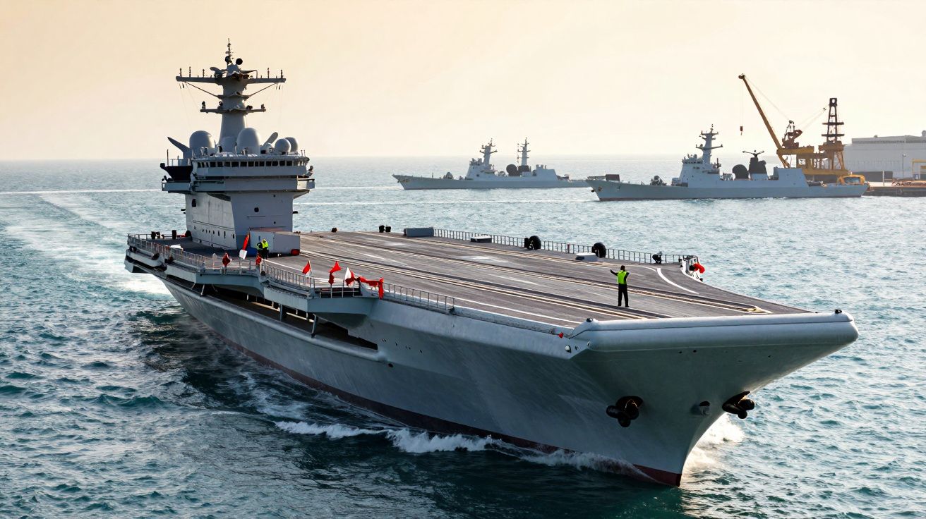 Lotniskowiec płynie po morzu w pobliżu portu, w tle widoczne są inne okręty wojenne i dźwigi.